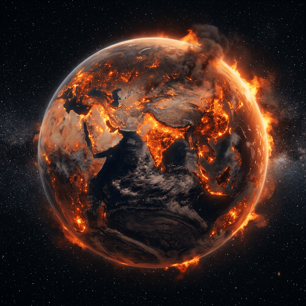 Earth glowing with fire and smoke over Asia, surrounded by stars